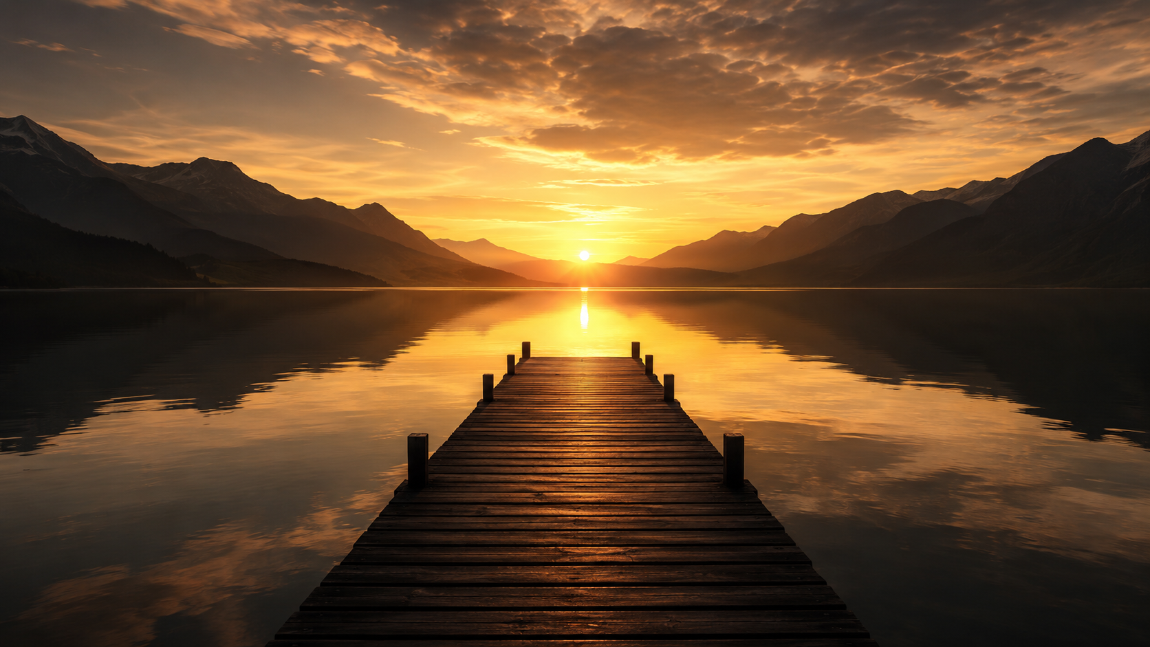 Ponton en bois face à un lac calme au lever du soleil, avec montagnes sombres et lumière dorée.